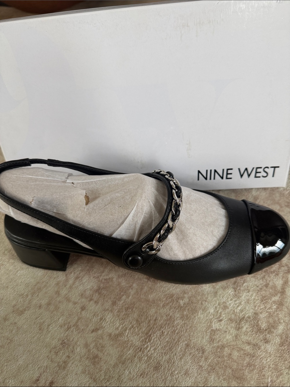 Nine West Black Slingback Pump with Silver Chain Accent